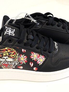 Ed Hardy Women's Size 8.5 Black Low Top Sneakers Tiger Floral Tattoo Print Y2K